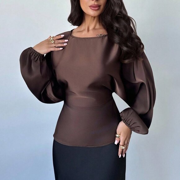 Brown Elegant Women's Romantic Coffee Round Neck blouse - Picture 3 of 7